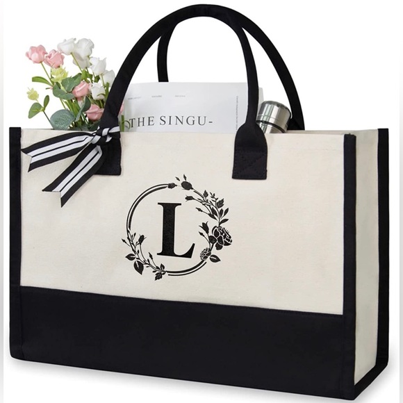 Handbags - Letter L Initial Cotton Canvas Tote Bag